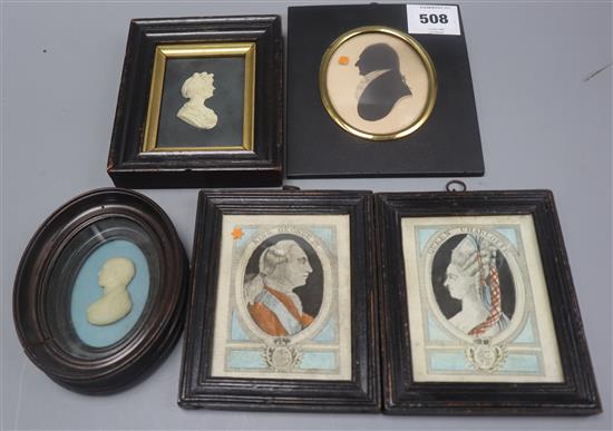 A pair of reverse prints on glass of George II and Queen Charlotte, a silhouettes and two other small panels
